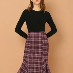 Allegra K Women's Midi Skirt Plaid Print High Low Ruffle Hem Vintage Fishtail Skirts