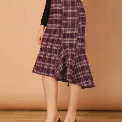 Allegra K Women's Midi Skirt Plaid Print High Low Ruffle Hem Vintage Fishtail Skirts