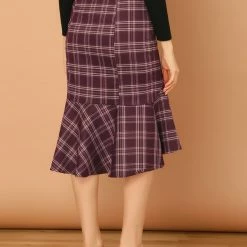 Allegra K Women's Midi Skirt Plaid Print High Low Ruffle Hem Vintage Fishtail Skirts