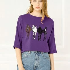 Allegra K Drop Shoulder 3/4 Sleeves Horse Print Loose Top 81 Allegra K Drop Shoulder 3/4 Sleeves Horse Print Loose Top