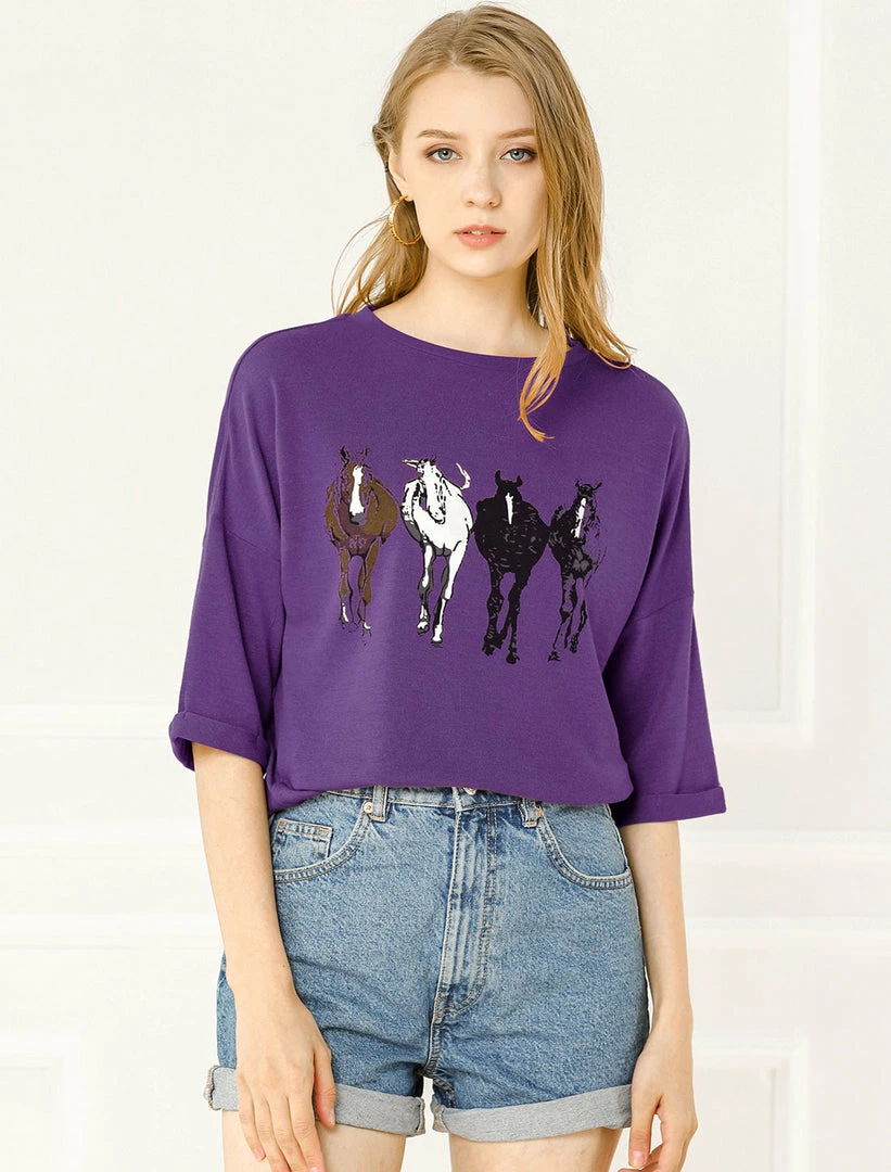 Allegra K Drop Shoulder 3/4 Sleeves Horse Print Loose Top 34 Allegra K Drop Shoulder 3/4 Sleeves Horse Print Loose Top