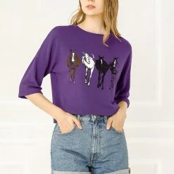 Allegra K Drop Shoulder 3/4 Sleeves Horse Print Loose Top 82 Allegra K Drop Shoulder 3/4 Sleeves Horse Print Loose Top