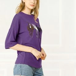 Allegra K Drop Shoulder 3/4 Sleeves Horse Print Loose Top 83 Allegra K Drop Shoulder 3/4 Sleeves Horse Print Loose Top