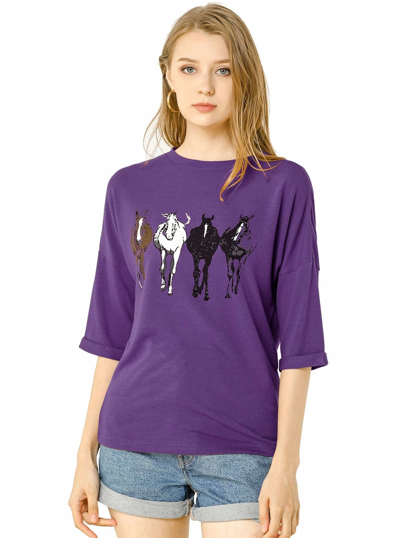 Allegra K Drop Shoulder 3/4 Sleeves Horse Print Loose Top 33 Allegra K Drop Shoulder 3/4 Sleeves Horse Print Loose Top