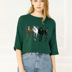 Allegra K Drop Shoulder 3/4 Sleeves Horse Print Loose Top 75 Allegra K Drop Shoulder 3/4 Sleeves Horse Print Loose Top
