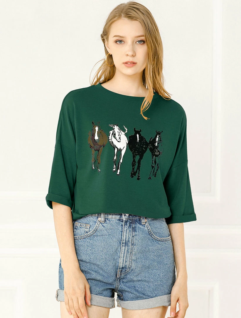 Allegra K Drop Shoulder 3/4 Sleeves Horse Print Loose Top 28 Allegra K Drop Shoulder 3/4 Sleeves Horse Print Loose Top
