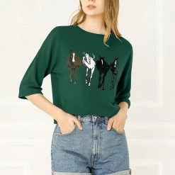 Allegra K Drop Shoulder 3/4 Sleeves Horse Print Loose Top 76 Allegra K Drop Shoulder 3/4 Sleeves Horse Print Loose Top