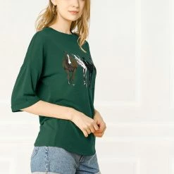 Allegra K Drop Shoulder 3/4 Sleeves Horse Print Loose Top 77 Allegra K Drop Shoulder 3/4 Sleeves Horse Print Loose Top