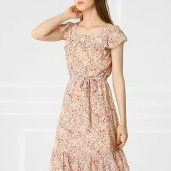 Allegra K Women's Boho Flutter Sleeve Belted Square Neck Ruffled Hem Midi Dress 34 Allegra K Women's Boho Flutter Sleeve Belted Square Neck Ruffled Hem Midi Dress