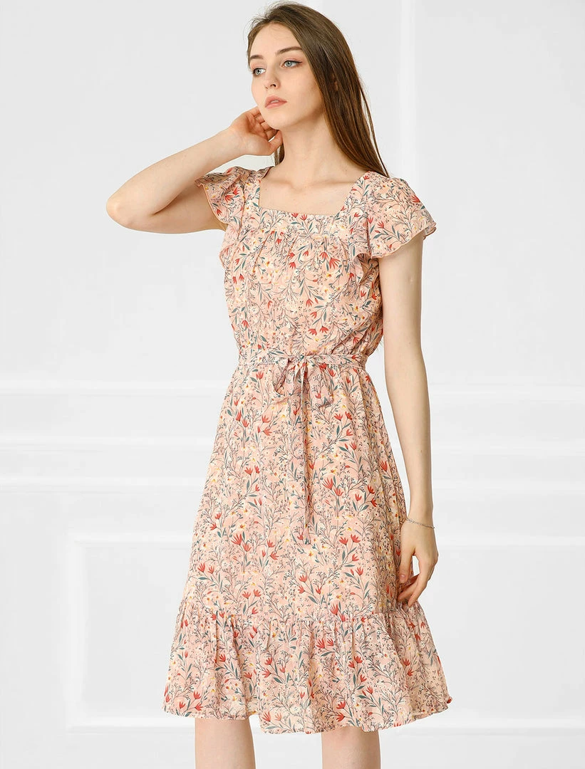 Allegra K Women's Boho Flutter Sleeve Belted Square Neck Ruffled Hem Midi Dress 17 Allegra K Women's Boho Flutter Sleeve Belted Square Neck Ruffled Hem Midi Dress