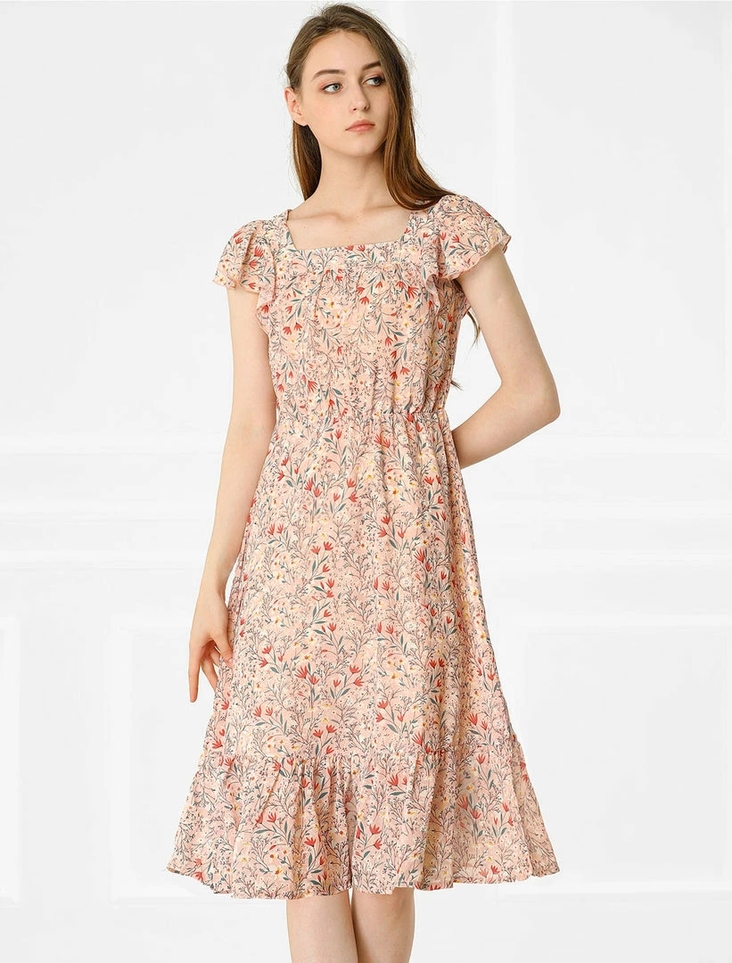 Allegra K Women's Boho Flutter Sleeve Belted Square Neck Ruffled Hem Midi Dress 18 Allegra K Women's Boho Flutter Sleeve Belted Square Neck Ruffled Hem Midi Dress