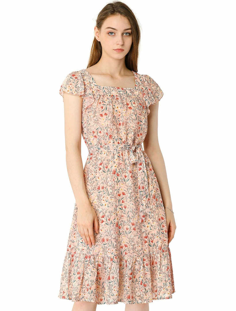 Allegra K Women's Boho Flutter Sleeve Belted Square Neck Ruffled Hem Midi Dress 15 Allegra K Women's Boho Flutter Sleeve Belted Square Neck Ruffled Hem Midi Dress