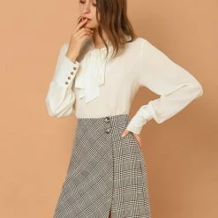 Allegra K Women's Houndstooth Split Hem Asymmetrical Work Above Knee A-Line Skirt