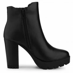 Allegra K Women's Round Toe Zipper Block Heel Platform Ankle Boots