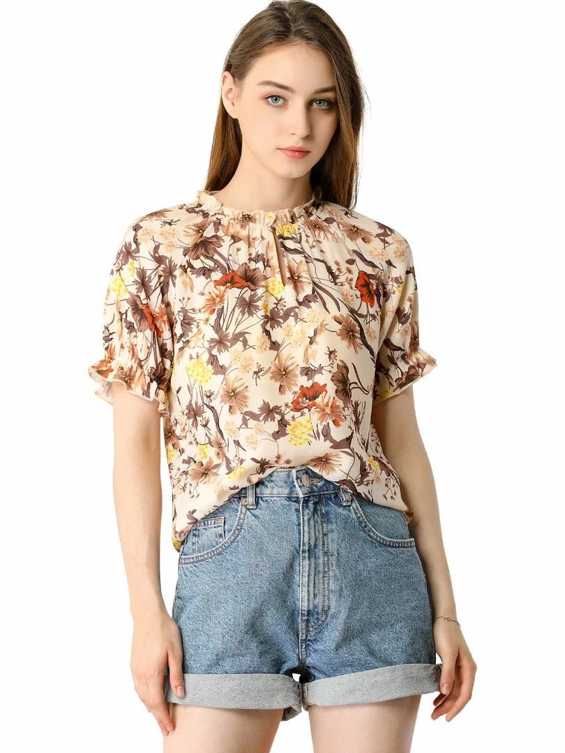Allegra K Women's Floral Ruffled Short Sleeve Tops Ruffle Neck Casual Blouses 16 Allegra K Women's Floral Ruffled Short Sleeve Tops Ruffle Neck Casual Blouses