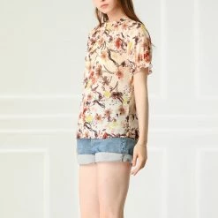 Allegra K Women's Floral Ruffled Short Sleeve Tops Ruffle Neck Casual Blouses 59 Allegra K Women's Floral Ruffled Short Sleeve Tops Ruffle Neck Casual Blouses