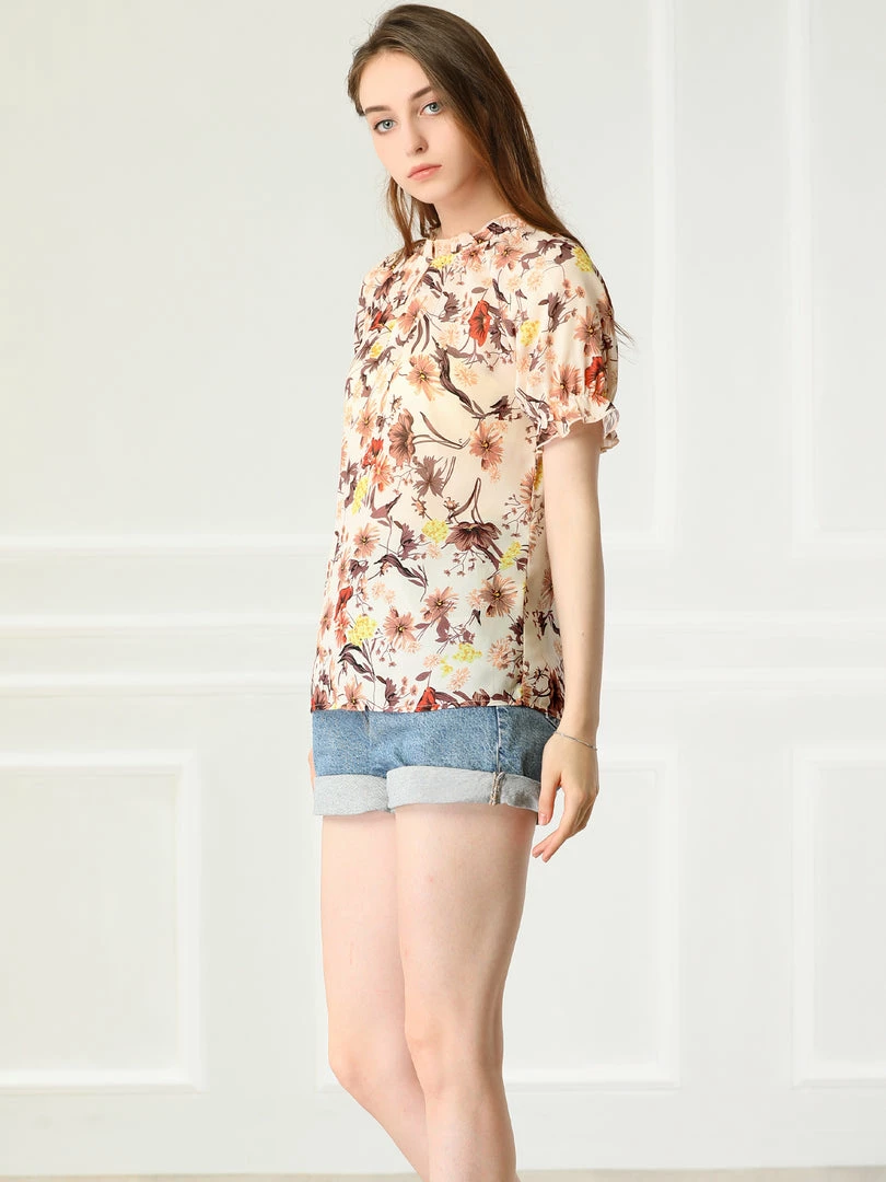Allegra K Women's Floral Ruffled Short Sleeve Tops Ruffle Neck Casual Blouses 18 Allegra K Women's Floral Ruffled Short Sleeve Tops Ruffle Neck Casual Blouses
