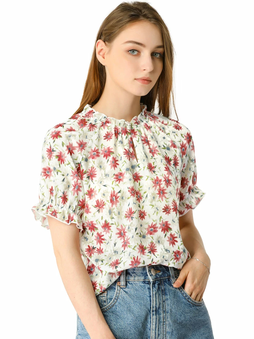 Allegra K Women's Floral Ruffled Short Sleeve Tops Ruffle Neck Casual Blouses 10 Allegra K Women's Floral Ruffled Short Sleeve Tops Ruffle Neck Casual Blouses