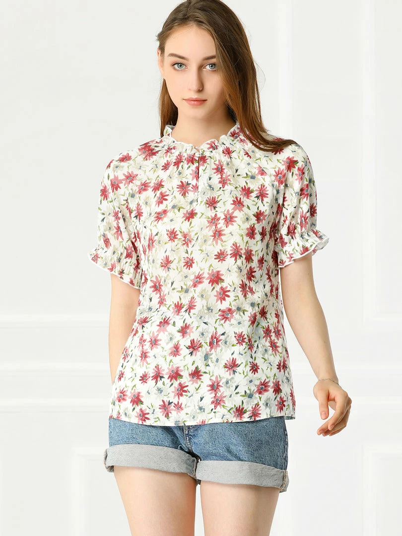 Allegra K Women's Floral Ruffled Short Sleeve Tops Ruffle Neck Casual Blouses 11 Allegra K Women's Floral Ruffled Short Sleeve Tops Ruffle Neck Casual Blouses
