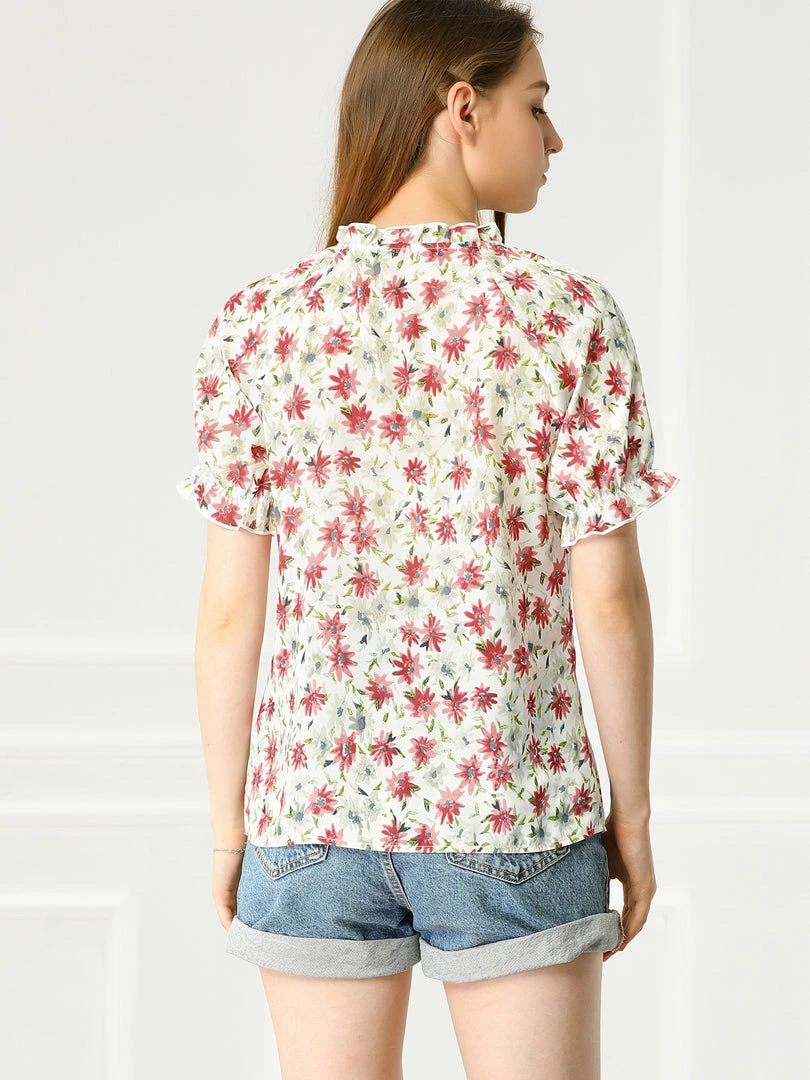 Allegra K Women's Floral Ruffled Short Sleeve Tops Ruffle Neck Casual Blouses 13 Allegra K Women's Floral Ruffled Short Sleeve Tops Ruffle Neck Casual Blouses