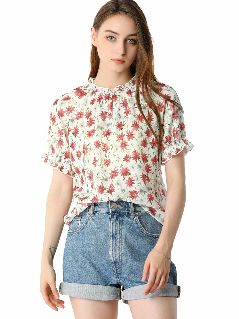 Allegra K Women's Floral Ruffled Short Sleeve Tops Ruffle Neck Casual Blouses 9 Allegra K Women's Floral Ruffled Short Sleeve Tops Ruffle Neck Casual Blouses