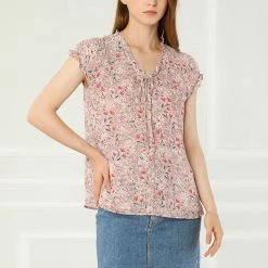 Allegra K Women's Floral Printed Ruffles Cap Sleeve Chiffon Blouse Top