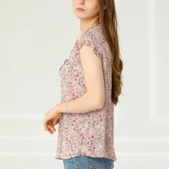 Allegra K Women's Floral Printed Ruffles Cap Sleeve Chiffon Blouse Top