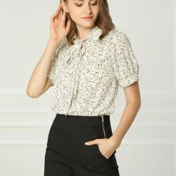 Allegra K Women's Polka Dots Short Sleeve Bow Tie Peter Pan Collar Chiffon Blouse