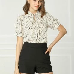 Allegra K Women's Polka Dots Short Sleeve Bow Tie Peter Pan Collar Chiffon Blouse