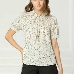 Allegra K Women's Polka Dots Short Sleeve Bow Tie Peter Pan Collar Chiffon Blouse