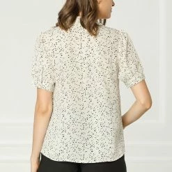 Allegra K Women's Polka Dots Short Sleeve Bow Tie Peter Pan Collar Chiffon Blouse