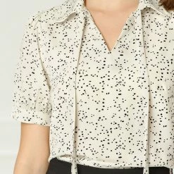 Allegra K Women's Polka Dots Short Sleeve Bow Tie Peter Pan Collar Chiffon Blouse