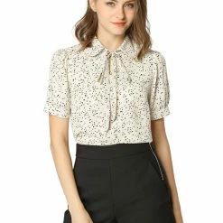 Allegra K Women's Polka Dots Short Sleeve Bow Tie Peter Pan Collar Chiffon Blouse