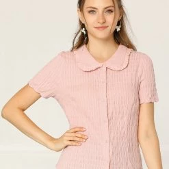 Allegra K Women's Sweet Peter Pan Collar Button Down Soft Shirt Blouse