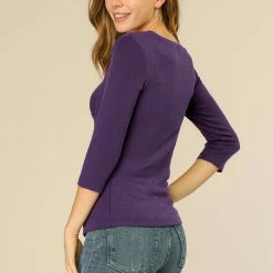 Allegra K Women's V Neck 3/4 Sleeves Solid Knitted Buttons Decor Ruched Top