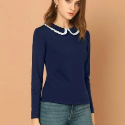 Allegra K Women's Vintage Peter Pan Collar Contrast Ruffle Knit Top Long Sleeve Blouse