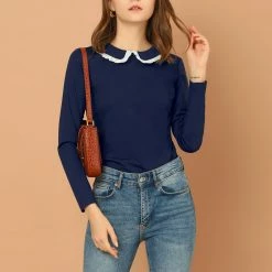 Allegra K Women's Vintage Peter Pan Collar Contrast Ruffle Knit Top Long Sleeve Blouse