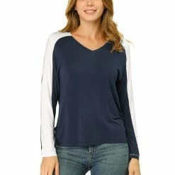 Allegra K Women's V-Neck Cotton Knit Straight Tee Shirt Casual Stretch Raglan Sleeve Top