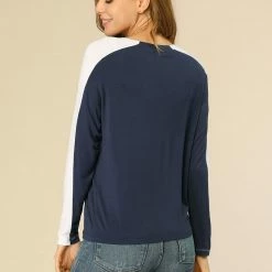 Allegra K Women's V-Neck Cotton Knit Straight Tee Shirt Casual Stretch Raglan Sleeve Top