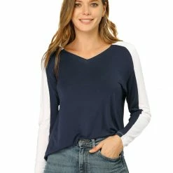 Allegra K Women's V-Neck Cotton Knit Straight Tee Shirt Casual Stretch Raglan Sleeve Top