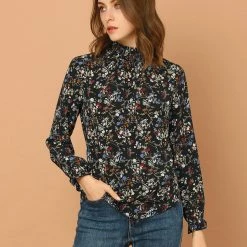 Allegra K Women's Smocked Ruffled Neck Long Sleeve Floral Vintage Blouse