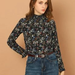 Allegra K Women's Smocked Ruffled Neck Long Sleeve Floral Vintage Blouse