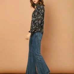 Allegra K Women's Smocked Ruffled Neck Long Sleeve Floral Vintage Blouse