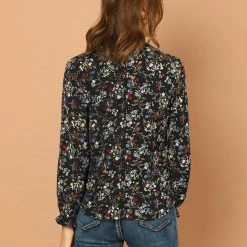 Allegra K Women's Smocked Ruffled Neck Long Sleeve Floral Vintage Blouse