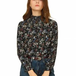Allegra K Women's Smocked Ruffled Neck Long Sleeve Floral Vintage Blouse
