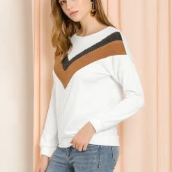 Allegra K Women's Chevron Pattern Long Sleeve Crew Neck Casual Pullover Sweatshirt