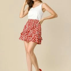 Allegra K Women's Ditsy Floral Faux Wrap Ruffle Hem A-Line Mini Skirt