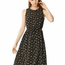 Allegra K Women's Printed Split Neck Drawstring Waist Sleeveless A-Line Dress 98 Allegra K Women's Printed Split Neck Drawstring Waist Sleeveless A-Line Dress