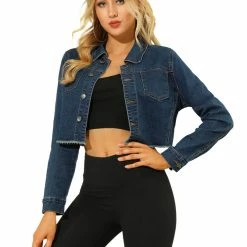 Allegra K Mid Wash Cropped Denim Jacket With Frayed Hem Women 22 Allegra K Mid Wash Cropped Denim Jacket With Frayed Hem Women