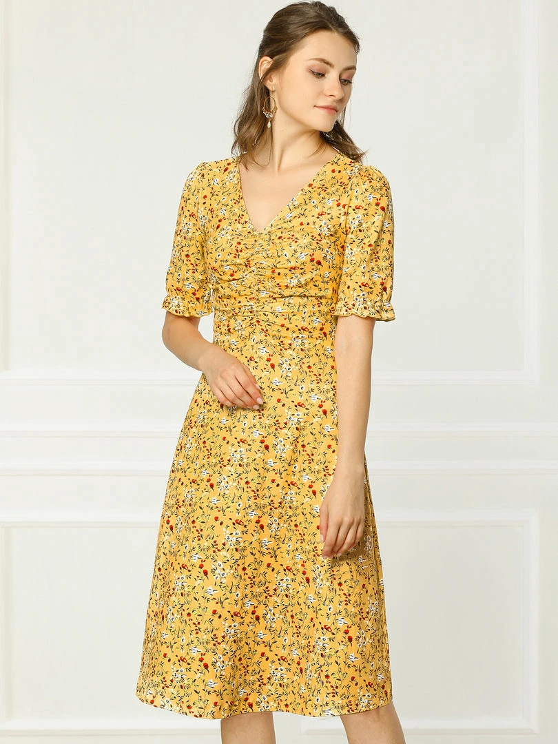 Allegra K Women's Floral Ruffle Short Sleeve Ruched Cinched Waist Casual V Neck Dress 5 Allegra K Women's Floral Ruffle Short Sleeve Ruched Cinched Waist Casual V Neck Dress